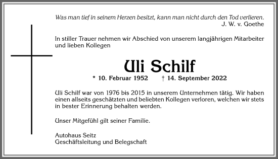 Traueranzeige von Uli Schilf von Allgäuer Anzeigeblatt