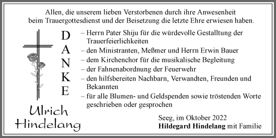 Traueranzeige von Ulrich Hindelang von Allgäuer Zeitung, Füssen