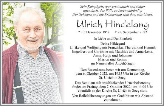 Traueranzeige von Ulrich Hindelang von Allgäuer Zeitung, Füssen
