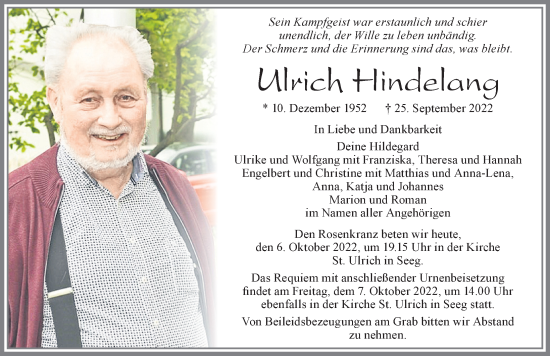 Traueranzeige von Ulrich Hindelang von Allgäuer Zeitung, Füssen