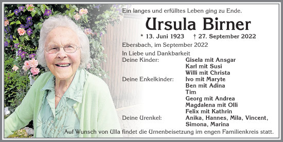 Traueranzeige von Ursula Birner von Allgäuer Zeitung, Marktoberdorf