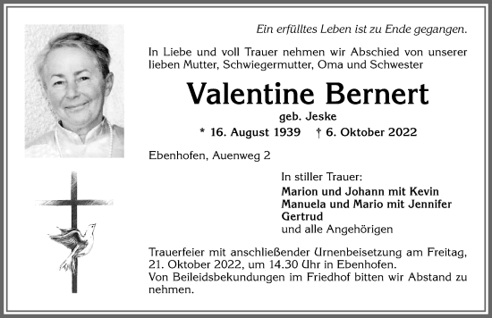 Traueranzeige von Valentine Bernert von Allgäuer Zeitung, Marktoberdorf