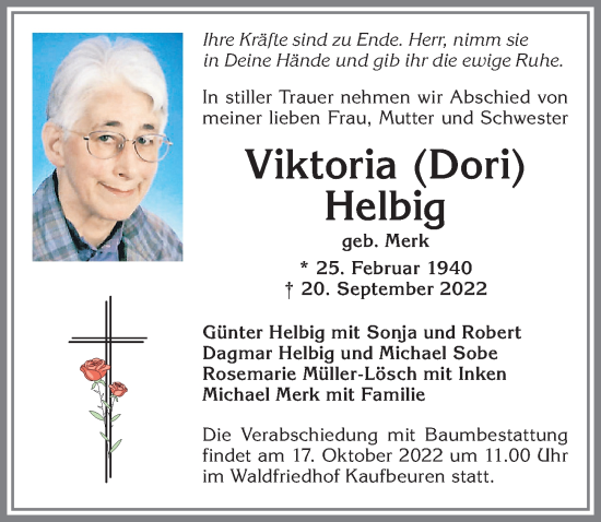 Traueranzeige von Viktoria Helbig von Allgäuer Zeitung, Kaufbeuren/Buchloe