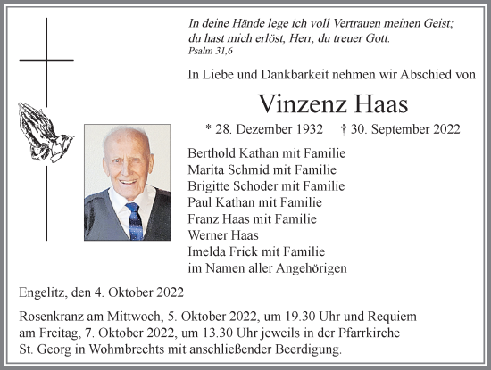 Traueranzeige von Vinzenz Haas von Der Westallgäuer