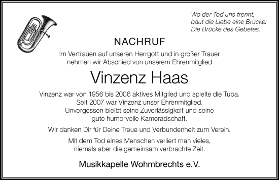 Traueranzeige von Vinzenz Haas von Der Westallgäuer