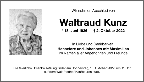 Traueranzeige von Waltraud Kunz von Allgäuer Zeitung, Kaufbeuren/Buchloe