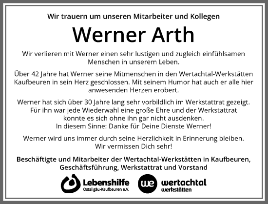 Traueranzeige von Werner Arth von Allgäuer Zeitung, Kaufbeuren/Buchloe