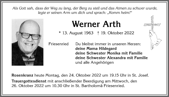 Traueranzeige von Werner Arth von Allgäuer Zeitung, Kaufbeuren/Buchloe