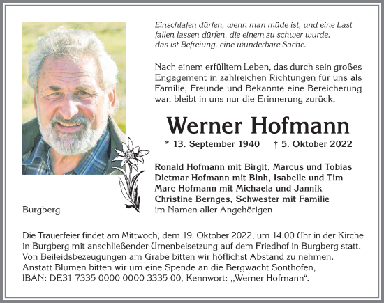 Traueranzeige von Werner Hofmann von Allgäuer Anzeigeblatt