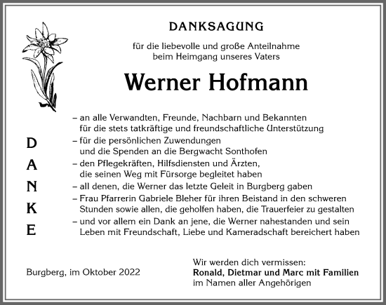 Traueranzeige von Werner Hofmann von Allgäuer Anzeigeblatt