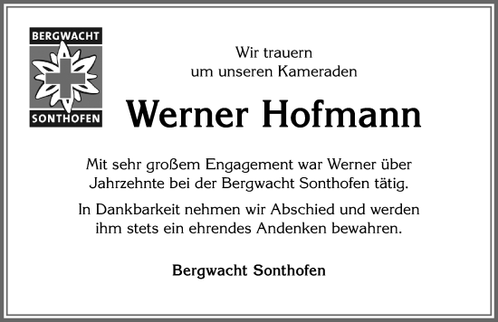 Traueranzeige von Werner Hofmann von Allgäuer Anzeigeblatt
