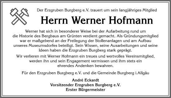 Traueranzeige von Werner Hofmann von Allgäuer Anzeigeblatt