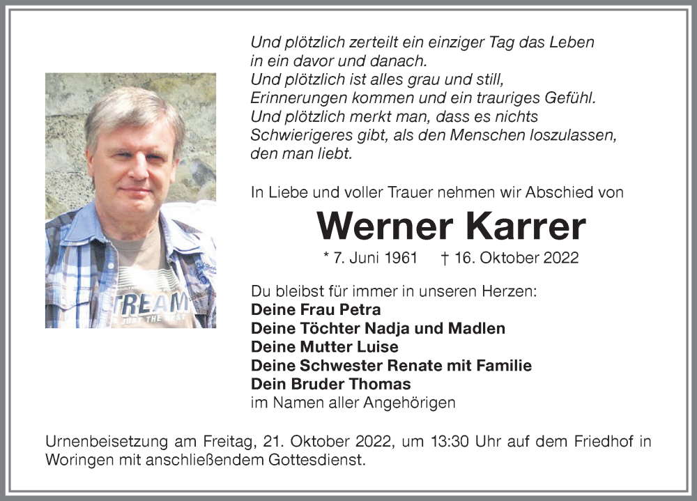  Traueranzeige für Werner Karrer vom 19.10.2022 aus Memminger Zeitung