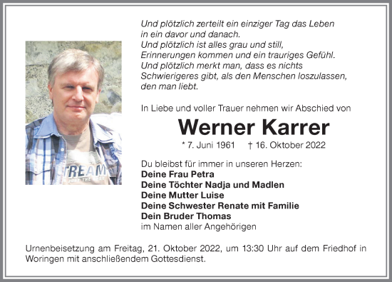Traueranzeige von Werner Karrer von Memminger Zeitung