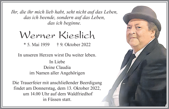 Traueranzeige von Werner Kieslich von Allgäuer Zeitung, Füssen