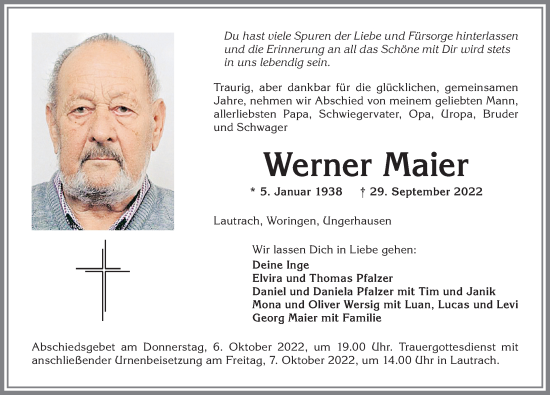 Traueranzeige von Werner Maier von Memminger Zeitung