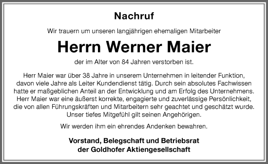 Traueranzeige von Werner Maier von Memminger Zeitung