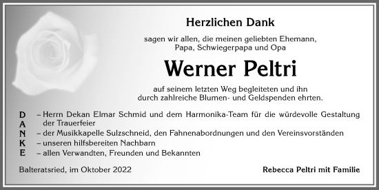 Traueranzeige von Werner Peltri von Allgäuer Zeitung, Marktoberdorf