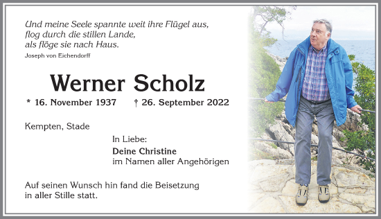 Traueranzeige von Werner Scholz von Allgäuer Zeitung,Kempten