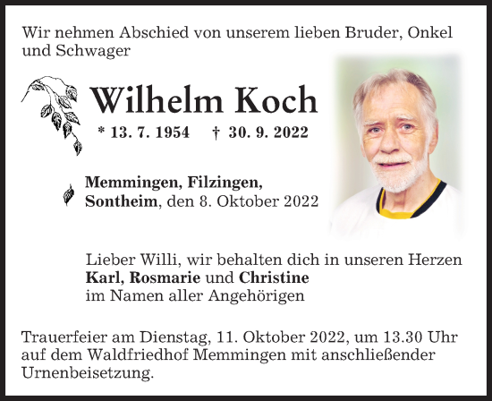 Traueranzeige von Wilhelm Koch von Memminger Zeitung