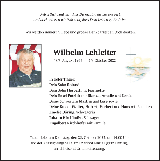 Traueranzeige von Wilhelm Lehleiter von Allgäuer Zeitung,Kempten