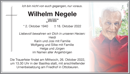 Traueranzeige von Wilhelm Negele von Memminger Zeitung
