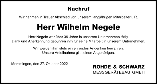Traueranzeige von Wilhelm Negele von Memminger Zeitung