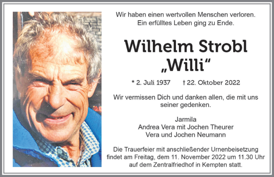Traueranzeige von Wilhelm Strobl von Allgäuer Zeitung,Kempten