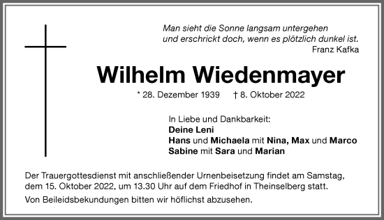 Traueranzeige von Wilhelm Wiedenmayer von Memminger Zeitung