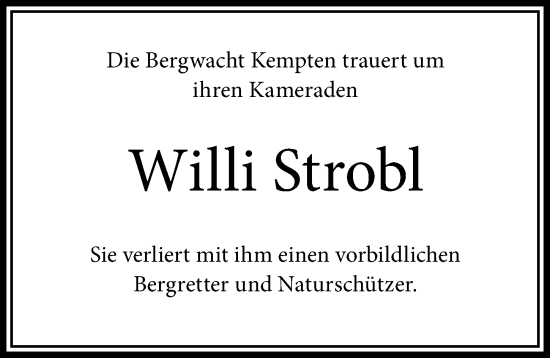 Traueranzeige von Willi Strobl von Allgäuer Zeitung,Kempten