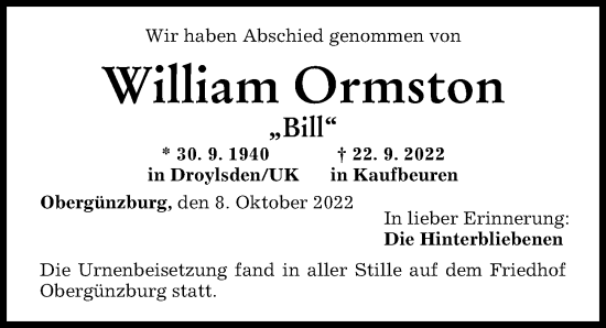 Traueranzeige von William Ormston von Allgäuer Zeitung, Marktoberdorf