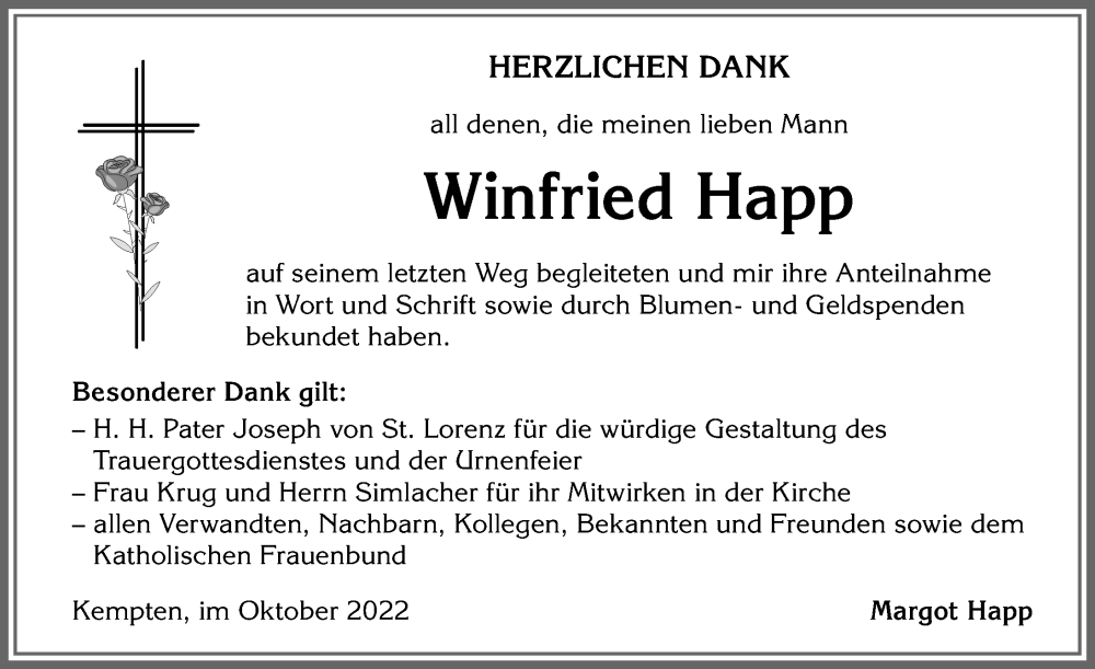  Traueranzeige für Winfried Happ vom 11.10.2022 aus Allgäuer Zeitung,Kempten