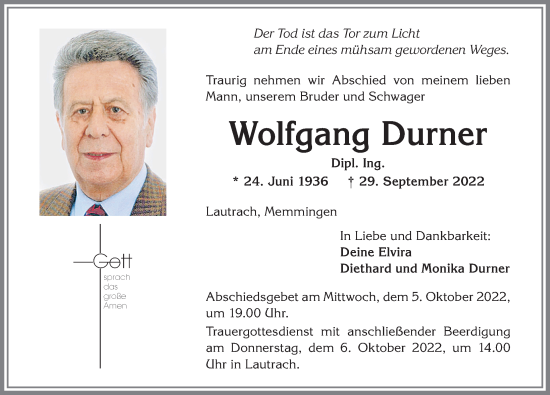 Traueranzeige von Wolfgang Durner von Memminger Zeitung
