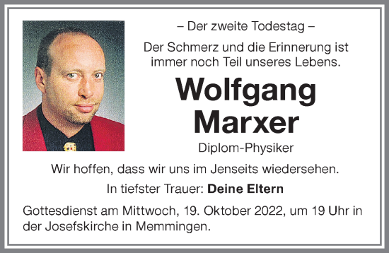 Traueranzeige von Wolfgang Marxer von Memminger Zeitung