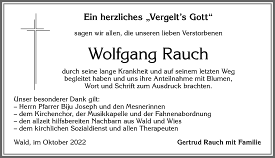 Traueranzeige von Wolfgang Rauch von Allgäuer Zeitung, Marktoberdorf
