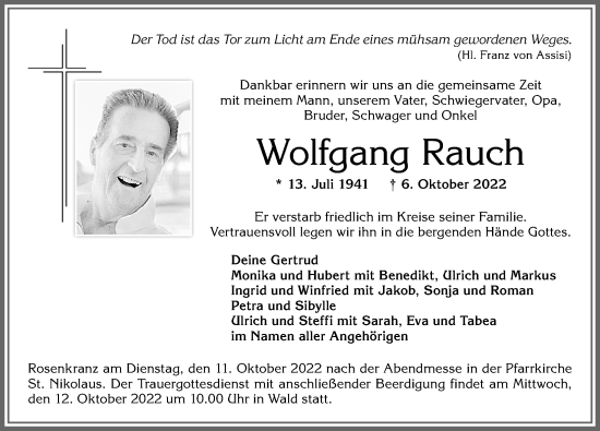 Traueranzeige von Wolfgang Rauch von Allgäuer Zeitung, Marktoberdorf