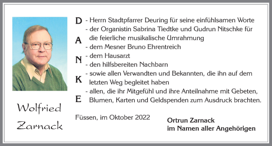 Traueranzeige von Wolfried Zarnack von Allgäuer Zeitung, Füssen