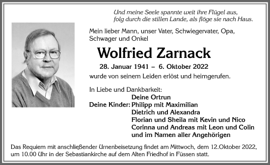 Traueranzeige von Wolfried Zarnack von Allgäuer Zeitung, Füssen