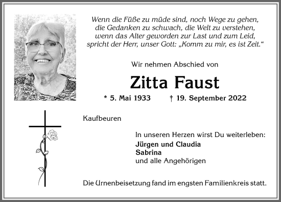 Traueranzeige von Zitta Faust von Allgäuer Zeitung, Kaufbeuren/Buchloe