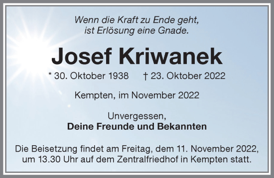 Traueranzeige von Josef Kriwanek von Allgäuer Zeitung,Kempten