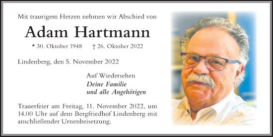 Traueranzeige von Adam Hartmann von Der Westallgäuer