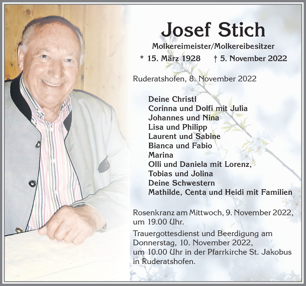  Traueranzeige für Josef Stich vom 08.11.2022 aus 
