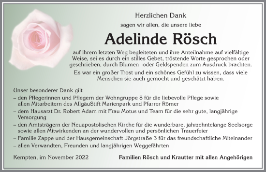 Traueranzeige von Adelinde Rösch von Allgäuer Zeitung,Kempten