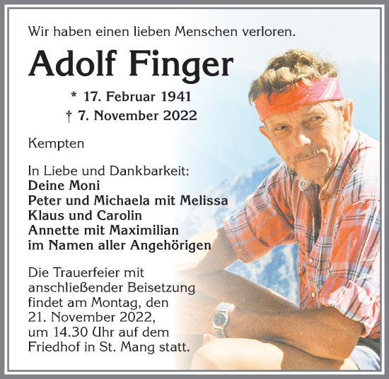 Traueranzeige von Adolf Finger von Allgäuer Zeitung,Kempten