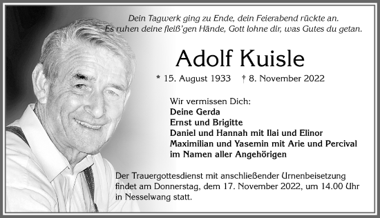Traueranzeige von Adolf Kuisle von Allgäuer Zeitung, Füssen