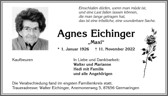 Traueranzeige von Agnes Eichinger von Allgäuer Zeitung, Kaufbeuren/Buchloe