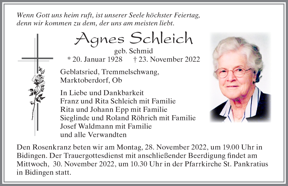  Traueranzeige für Agnes Schleich vom 26.11.2022 aus Allgäuer Zeitung, Marktoberdorf