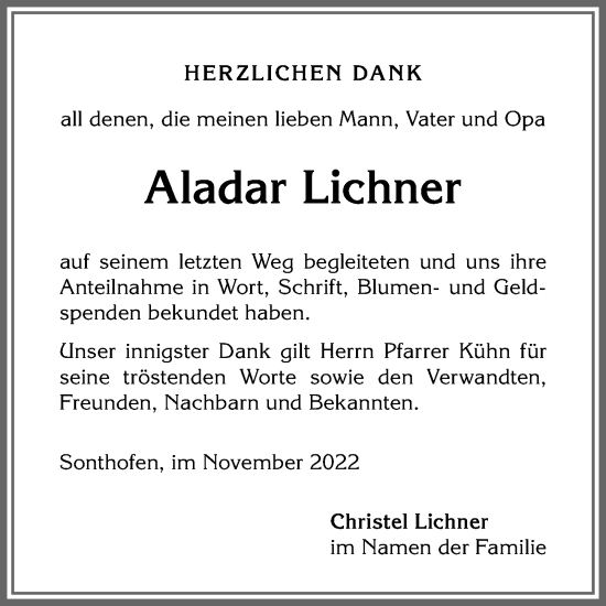 Traueranzeige von Aladar Lichner von Allgäuer Anzeigeblatt