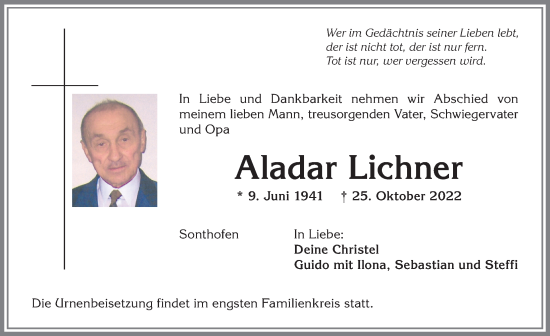Traueranzeige von Aladar Lichner von Allgäuer Anzeigeblatt