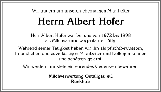 Traueranzeige von Albert Hofer von Allgäuer Zeitung, Füssen